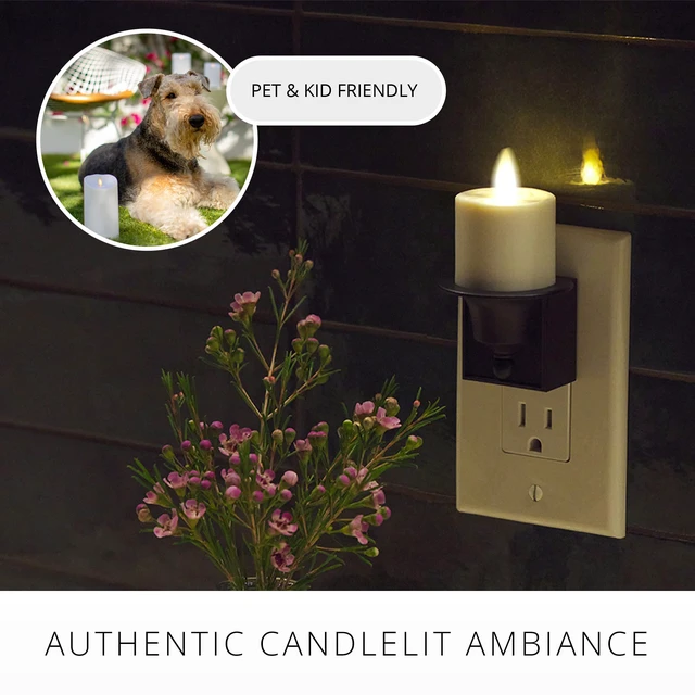 Alt view image 5 of 7 - Flameless Candle Nightlight w/Dusk to Dawn Light Dark Auto Sensor, Black Wall Plug Indoor Night LED Light w/Real-Flame Effect Technology, Bathroom Bedroom Hallway, No Remote Needed
