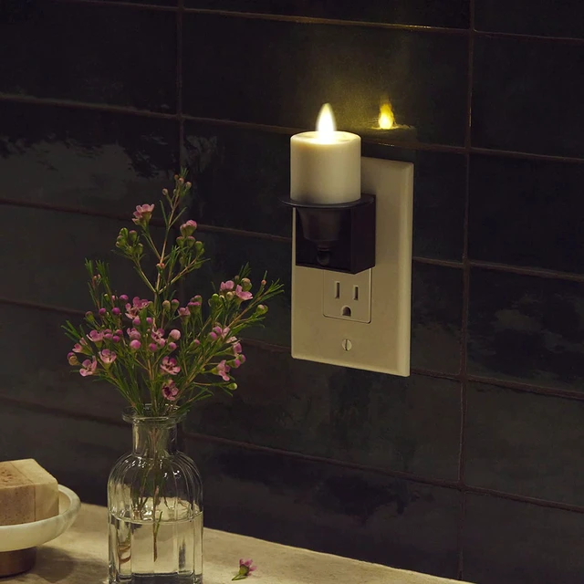 Alt view image 7 of 7 - Flameless Candle Nightlight w/Dusk to Dawn Light Dark Auto Sensor, Black Wall Plug Indoor Night LED Light w/Real-Flame Effect Technology, Bathroom Bedroom Hallway, No Remote Needed