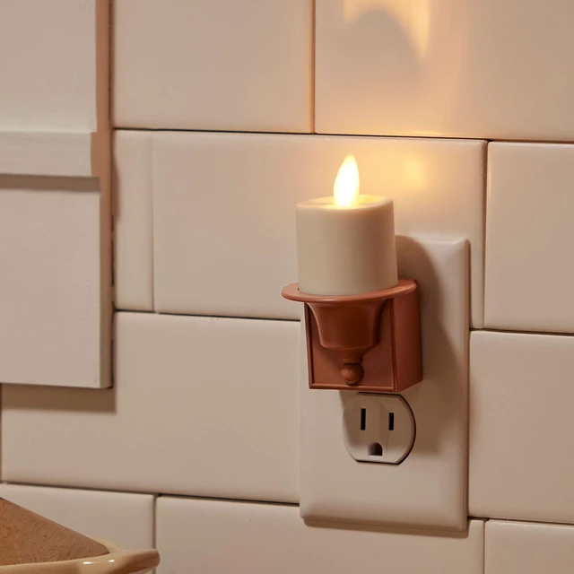 Alt view image 2 of 7 - Flameless Candle Nightlight w/Dusk to Dawn Light Dark Auto Sensor, Baked Clay Wall Plug Indoor Night LED Light w/Real-Flame Effect Technology, Bathroom Bedroom Hallway, No Remote Needed