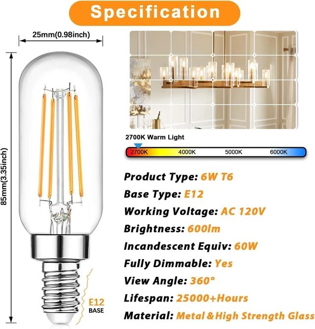 Alt view image 3 of 7 - E12 Candelabra Edison Bulbs 60 Watt Equivalent, T6 6W Dimmable LED Light Bulbs for Chandelier, 600lm 2700K Warm White Clear Vintage Tubular Bulb, Small Filament Bulb for Ceiling Light, 6-Pack