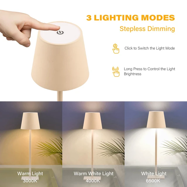 Alt view image 2 of 7 - 2 Pack Cordless Table Lamps, 3 Colors Stepless Dimming, 5000mAh Rechargeable Battery LED Desk Lamp for Bedroom/Couple Dinner/Desk/Cafe/Dining Room/Terrace