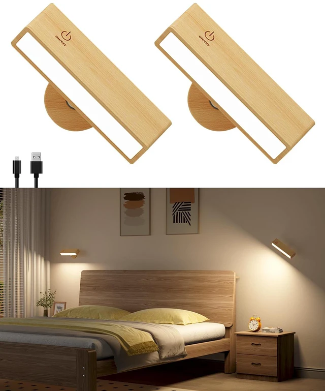 Main image of Battery Operated Wall Sconces Set of 2,Rechargeable Wall Lights Wood,Stick On Wall Lights for Bedroom,Wall Mounted Bedside Reading Lamps Dimmable,Battery Powered Wall Lamp for Bedroom