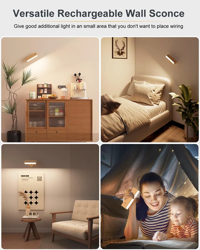 Alt view image 3 of 7 - Battery Operated Wall Sconces Set of 2,Rechargeable Wall Lights Wood,Stick On Wall Lights for Bedroom,Wall Mounted Bedside Reading Lamps Dimmable,Battery Powered Wall Lamp for Bedroom