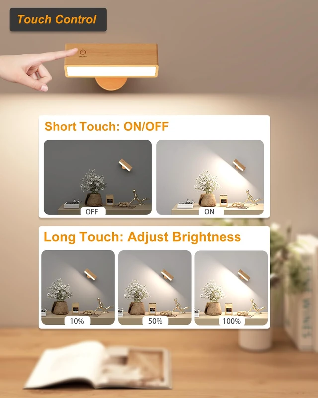 Alt view image 4 of 7 - Battery Operated Wall Sconces Set of 2,Rechargeable Wall Lights Wood,Stick On Wall Lights for Bedroom,Wall Mounted Bedside Reading Lamps Dimmable,Battery Powered Wall Lamp for Bedroom