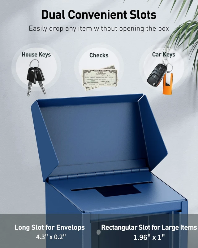 Alt view image 2 of 7 - Blue Metal Donation Box, Wall Mounted Mailbox for Outside Safe Suggestion Box with Key Lock, Steel Key Drop Box for Outside, Cash Box for Home Office and Business