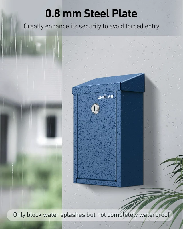 Alt view image 3 of 7 - Blue Metal Donation Box, Wall Mounted Mailbox for Outside Safe Suggestion Box with Key Lock, Steel Key Drop Box for Outside, Cash Box for Home Office and Business