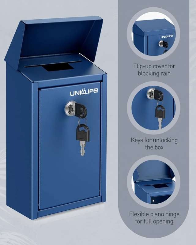 Alt view image 4 of 7 - Blue Metal Donation Box, Wall Mounted Mailbox for Outside Safe Suggestion Box with Key Lock, Steel Key Drop Box for Outside, Cash Box for Home Office and Business