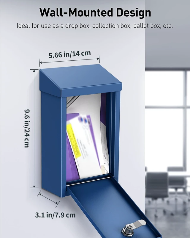 Alt view image 5 of 7 - Blue Metal Donation Box, Wall Mounted Mailbox for Outside Safe Suggestion Box with Key Lock, Steel Key Drop Box for Outside, Cash Box for Home Office and Business