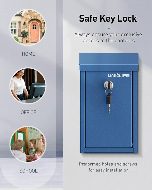 Alt view image 6 of 7 - Blue Metal Donation Box, Wall Mounted Mailbox for Outside Safe Suggestion Box with Key Lock, Steel Key Drop Box for Outside, Cash Box for Home Office and Business