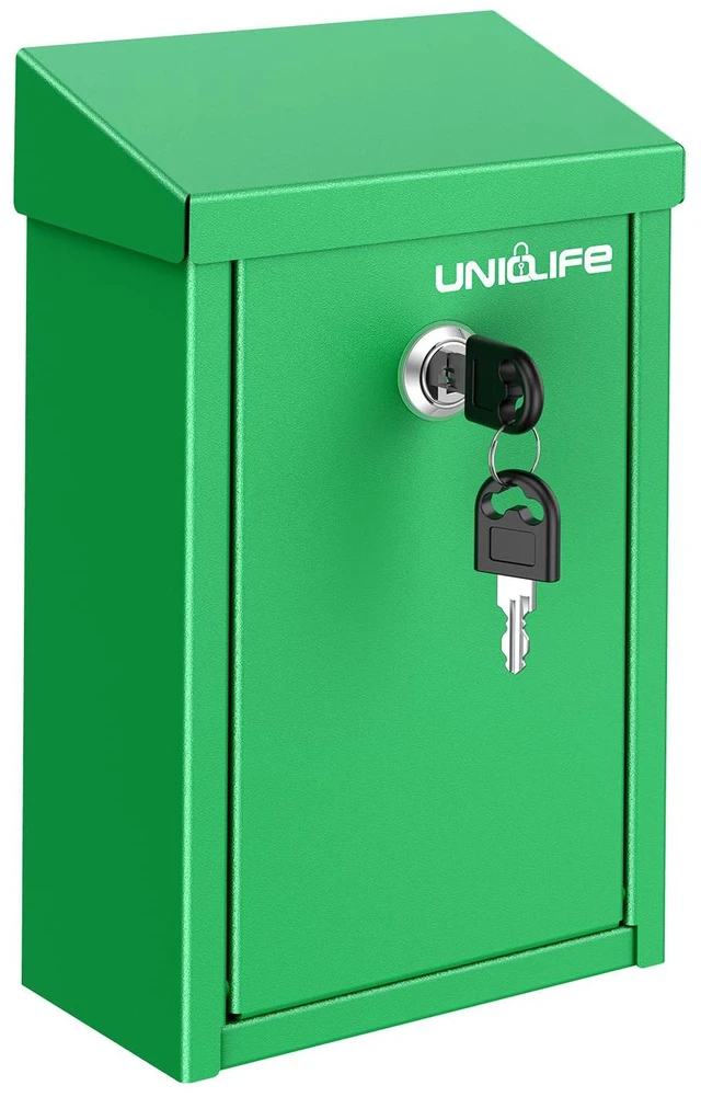 Main image of Green Metal Donation Box, Wall Mounted Mailbox for Outside Safe Suggestion Box with Key Lock, Steel Key Drop Box for Outside, Cash Box for Home Office and Business