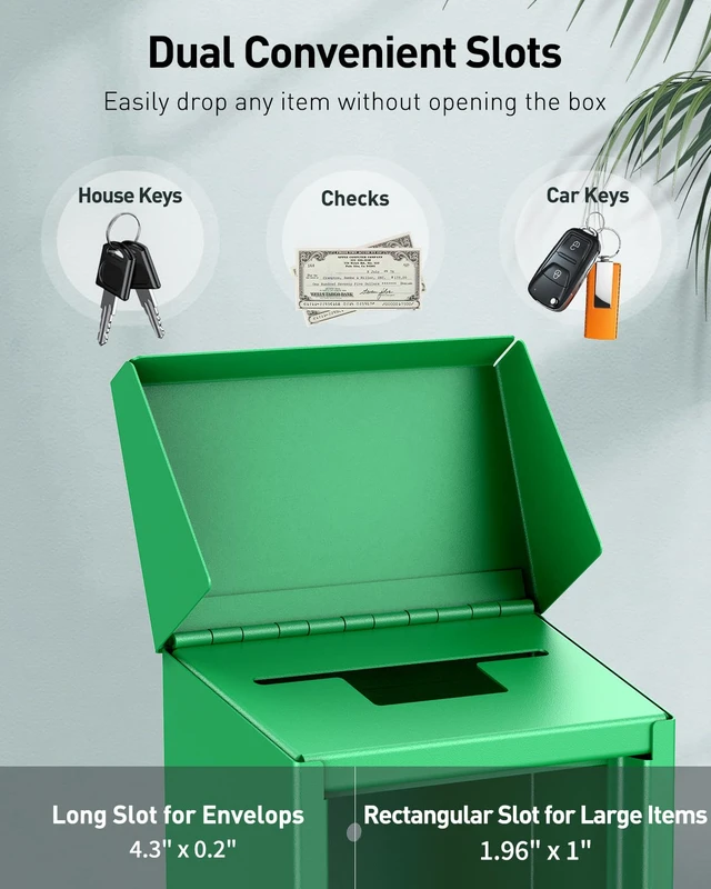 Alt view image 2 of 7 - Green Metal Donation Box, Wall Mounted Mailbox for Outside Safe Suggestion Box with Key Lock, Steel Key Drop Box for Outside, Cash Box for Home Office and Business