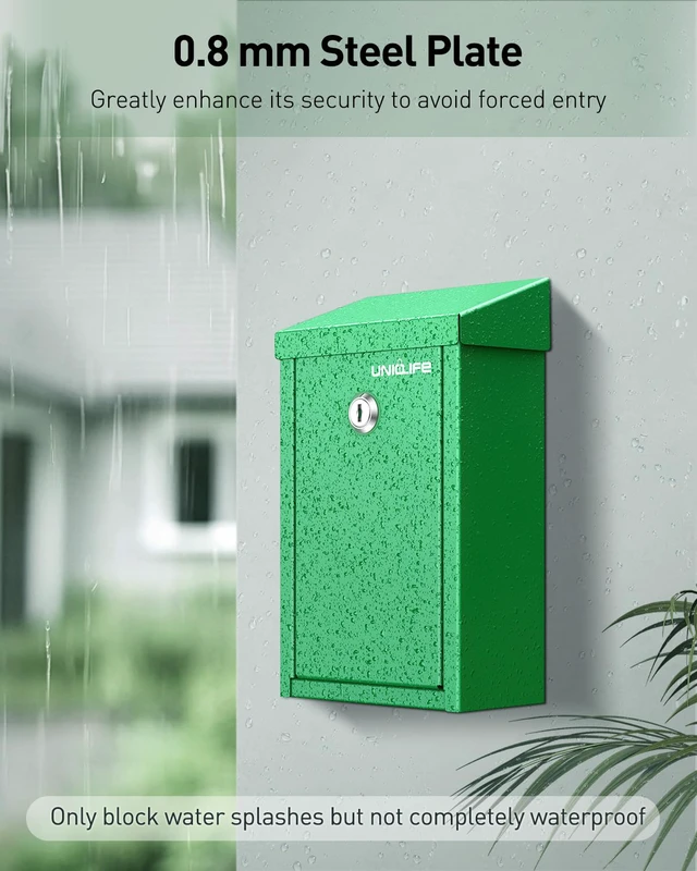 Alt view image 3 of 7 - Green Metal Donation Box, Wall Mounted Mailbox for Outside Safe Suggestion Box with Key Lock, Steel Key Drop Box for Outside, Cash Box for Home Office and Business