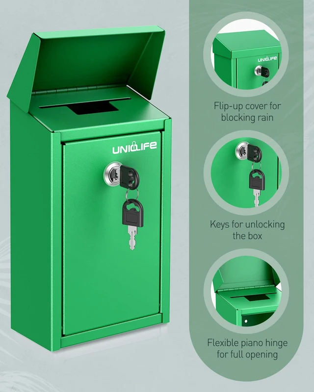 Alt view image 4 of 7 - Green Metal Donation Box, Wall Mounted Mailbox for Outside Safe Suggestion Box with Key Lock, Steel Key Drop Box for Outside, Cash Box for Home Office and Business