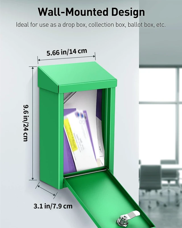 Alt view image 5 of 7 - Green Metal Donation Box, Wall Mounted Mailbox for Outside Safe Suggestion Box with Key Lock, Steel Key Drop Box for Outside, Cash Box for Home Office and Business