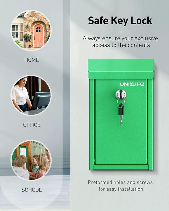 Alt view image 6 of 7 - Green Metal Donation Box, Wall Mounted Mailbox for Outside Safe Suggestion Box with Key Lock, Steel Key Drop Box for Outside, Cash Box for Home Office and Business