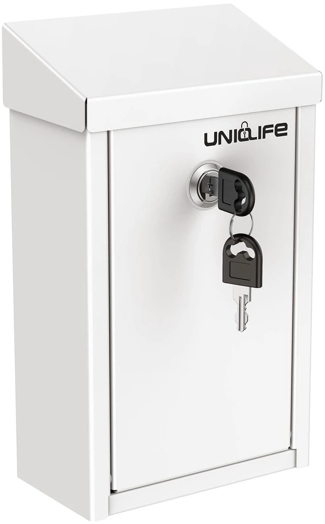 Main image of White Metal Donation Box, Wall Mounted Mailbox for Outside Safe Suggestion Box with Key Lock, Steel Key Drop Box for Outside, Cash Box for Home Office and Business