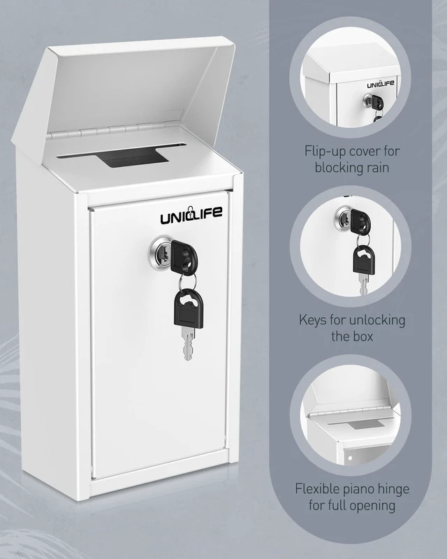 Alt view image 4 of 7 - White Metal Donation Box, Wall Mounted Mailbox for Outside Safe Suggestion Box with Key Lock, Steel Key Drop Box for Outside, Cash Box for Home Office and Business