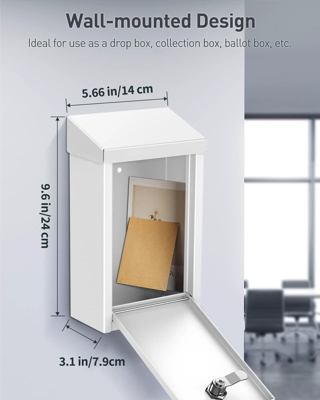 Alt view image 5 of 7 - White Metal Donation Box, Wall Mounted Mailbox for Outside Safe Suggestion Box with Key Lock, Steel Key Drop Box for Outside, Cash Box for Home Office and Business