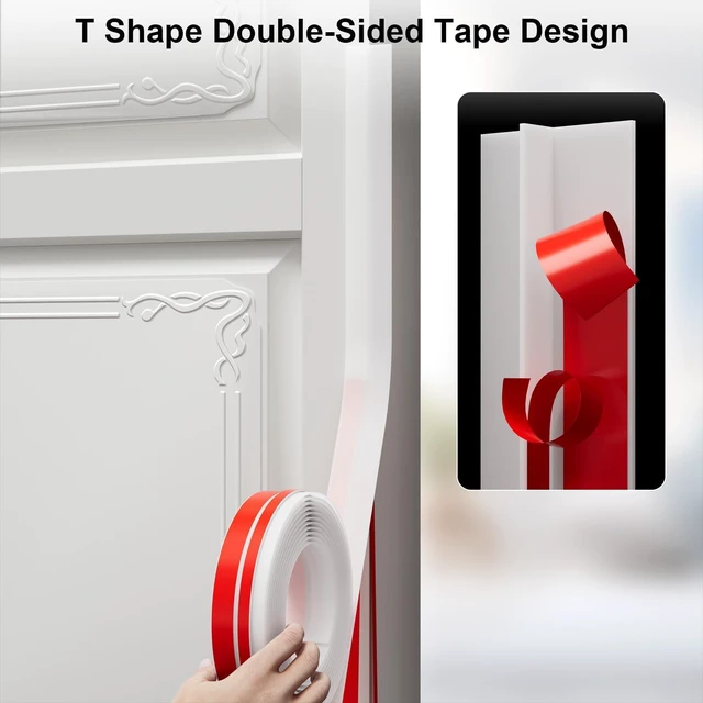 Alt view image 3 of 7 - T-Shaped Weather Stripping Seal, White Silicone, 1.97 in x 40 ft Flexible door seal strip covers door, window, and bathroom gaps; peel-and-stick design helps reduce drafts