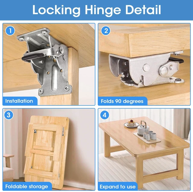 Alt view image 4 of 7 - 4 Pack Locking Hinge for Folding Table Brackets (Silver) Heavy Duty Folding Table Leg Hinges 90 Degree Folding Leg Support Bracket for Table Legs Furniture