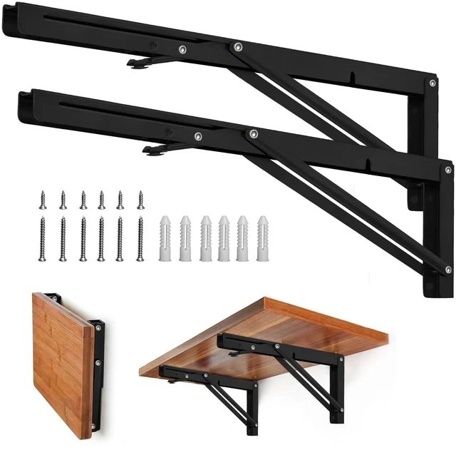 Main image of Folding Shelf Brackets, 22 Inch 2 Pcs Black Stainless Steel Collapsible Bracket Design, for Bench Table, Shelf Hinge Wall Mounted Space Saving DIY Bracket