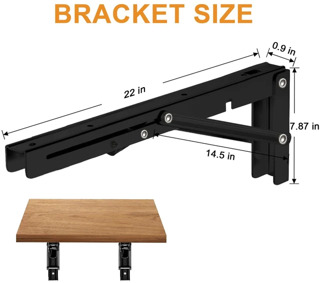 Alt view image 7 of 7 - Folding Shelf Brackets, 22 Inch 2 Pcs Black Stainless Steel Collapsible Bracket Design, for Bench Table, Shelf Hinge Wall Mounted Space Saving DIY Bracket