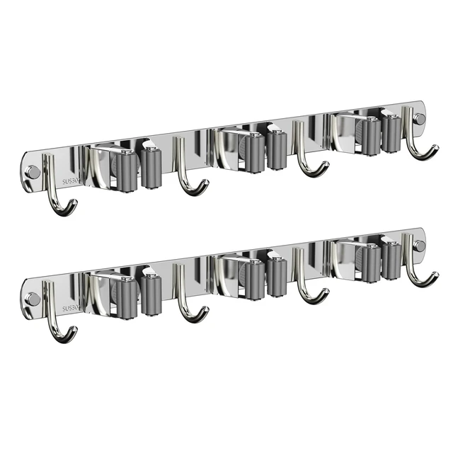Main image of 2 Pack Mop and Broom Holder Wall Mount for Kitchen Garden Garage Laundry Non-slip Broom Hanger, Stainless Steel, Heavy Duty Mop Broom Organizer, Laundry Room Organization and Storage, Silver, 3R4H