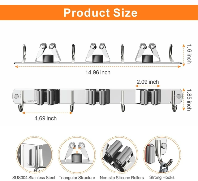 Alt view image 7 of 7 - 2 Pack Mop and Broom Holder Wall Mount for Kitchen Garden Garage Laundry Non-slip Broom Hanger, Stainless Steel, Heavy Duty Mop Broom Organizer, Laundry Room Organization and Storage, Silver, 3R4H