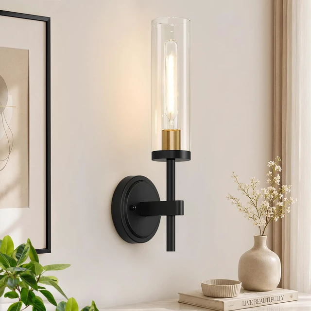 Main image of Hardwired Wall Sconces, Black and Gold Bathroom Sconces with Clear Glass, Modern Wall Light Fixtures for Bathroom Mirror Vanity, Living Room, Bedroom, Hallway, Stairway, Cabinet, Foyer