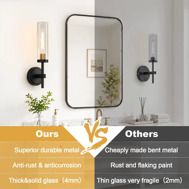 Alt view image 2 of 7 - Hardwired Wall Sconces, Black and Gold Bathroom Sconces with Clear Glass, Modern Wall Light Fixtures for Bathroom Mirror Vanity, Living Room, Bedroom, Hallway, Stairway, Cabinet, Foyer
