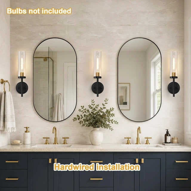 Alt view image 3 of 7 - Hardwired Wall Sconces, Black and Gold Bathroom Sconces with Clear Glass, Modern Wall Light Fixtures for Bathroom Mirror Vanity, Living Room, Bedroom, Hallway, Stairway, Cabinet, Foyer