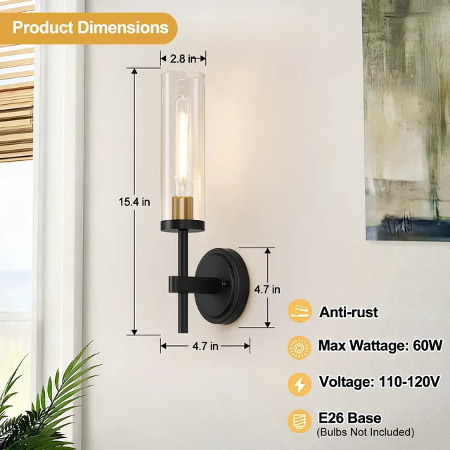 Alt view image 6 of 7 - Hardwired Wall Sconces, Black and Gold Bathroom Sconces with Clear Glass, Modern Wall Light Fixtures for Bathroom Mirror Vanity, Living Room, Bedroom, Hallway, Stairway, Cabinet, Foyer