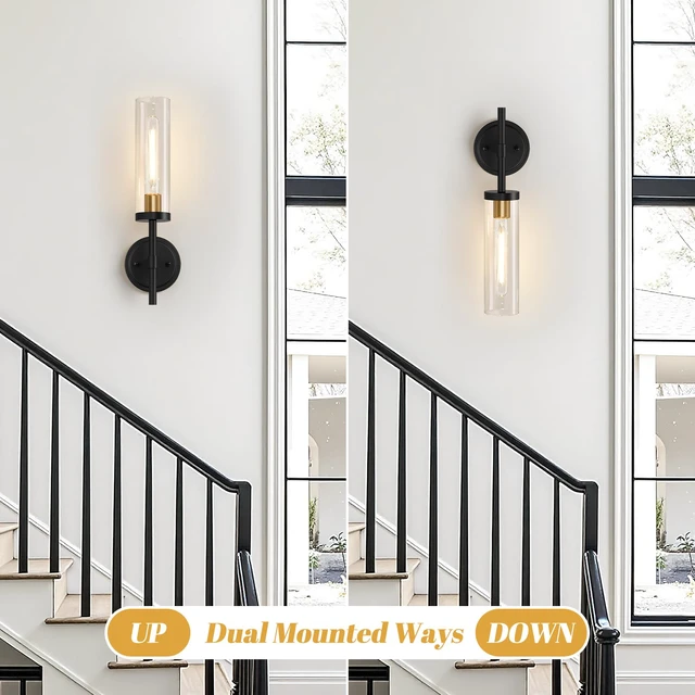 Alt view image 7 of 7 - Hardwired Wall Sconces, Black and Gold Bathroom Sconces with Clear Glass, Modern Wall Light Fixtures for Bathroom Mirror Vanity, Living Room, Bedroom, Hallway, Stairway, Cabinet, Foyer