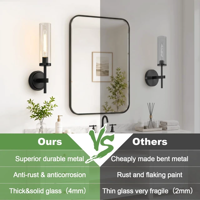 Alt view image 2 of 7 - Hardwired Wall Sconces, Matte Black Bathroom Sconces with Clear Glass, Modern Wall Light Fixtures for Bathroom Mirror Vanity, Living Room, Bedroom, Hallway, Stairway, Cabinet, Foyer