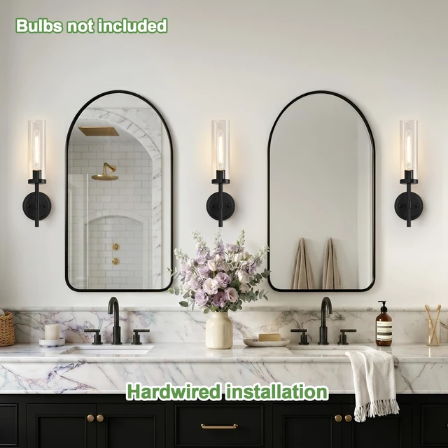 Alt view image 3 of 7 - Hardwired Wall Sconces, Matte Black Bathroom Sconces with Clear Glass, Modern Wall Light Fixtures for Bathroom Mirror Vanity, Living Room, Bedroom, Hallway, Stairway, Cabinet, Foyer
