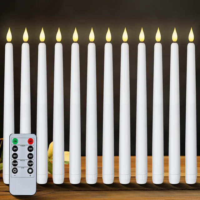 Main image of 12 Pcs Flameless Taper Candles with Remote Timer Dimmer, 11 inches White LED Taper Candles, Plastic Battery Operated Candlesticks with Flickering Flame for Halloween Christmas Wedding Party