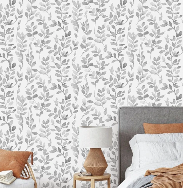 Alt view image 2 of 7 - Grey Leaf Peel and Stick Wallpaper Botanical 590L17.3W Modern Contact Paper for Cabinet Self-Adhesive Removable Wallpaper for Bedroom Decor Boho Contact Paper Bathroom Waterproof