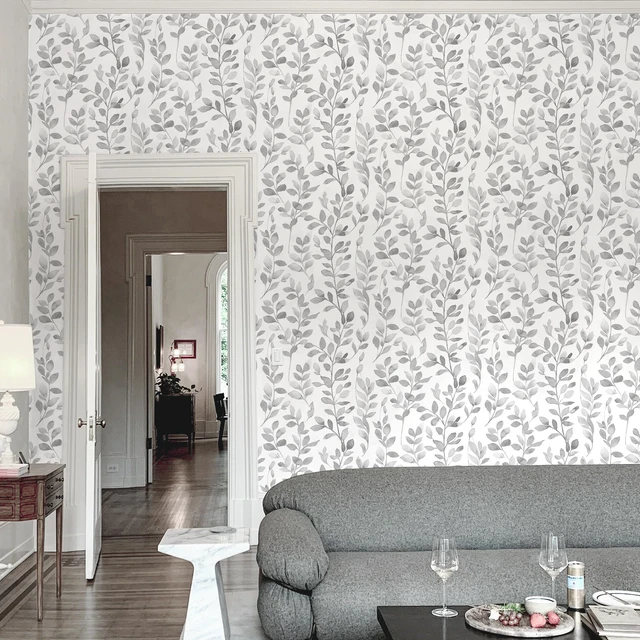 Alt view image 3 of 7 - Grey Leaf Peel and Stick Wallpaper Botanical 590L17.3W Modern Contact Paper for Cabinet Self-Adhesive Removable Wallpaper for Bedroom Decor Boho Contact Paper Bathroom Waterproof