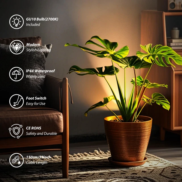 Alt view image 3 of 7 - Uplighting Indoor, 7W Floor Can Lights with 2700K LED GU10 Bulbs 2 Pack IP44 Waterproof Uplights Spotlight for Dark Corner Sofa House Plant Wall Artwork Indoor, 6.5FT Plug Cord & Foot Switch