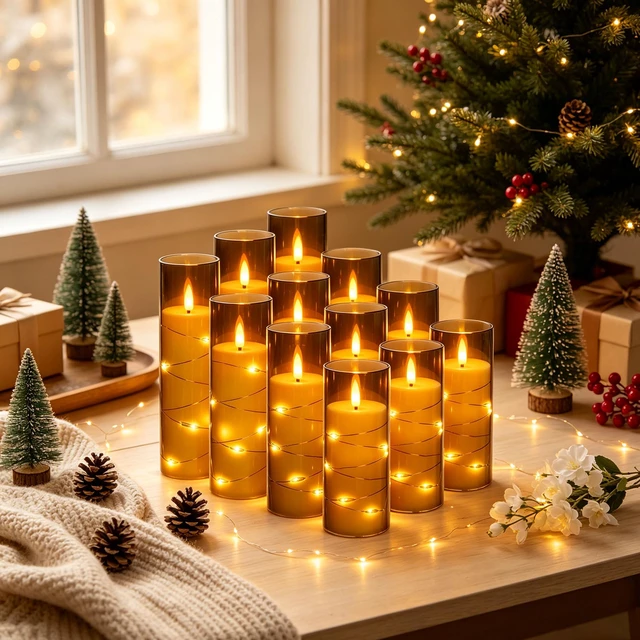 Alt view image 2 of 7 - 12 Pack Gray Acrylic Flameless Taper Candles, Flickering Black Wick LED Candles with Surrounding Fairy String Lights, Heat Resistant ABS Candles, 2 Remotes, Assorted 5-8 Inch for Indoor Outdoor Decor