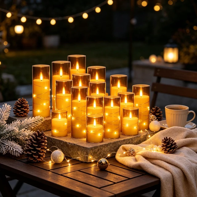 Alt view image 4 of 7 - 12 Pack Gray Acrylic Flameless Taper Candles, Flickering Black Wick LED Candles with Surrounding Fairy String Lights, Heat Resistant ABS Candles, 2 Remotes, Assorted 5-8 Inch for Indoor Outdoor Decor