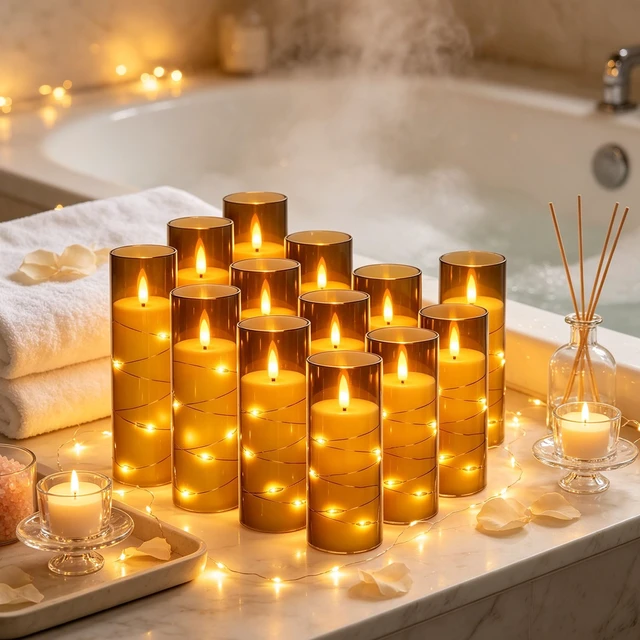 Alt view image 5 of 7 - 12 Pack Gray Acrylic Flameless Taper Candles, Flickering Black Wick LED Candles with Surrounding Fairy String Lights, Heat Resistant ABS Candles, 2 Remotes, Assorted 5-8 Inch for Indoor Outdoor Decor