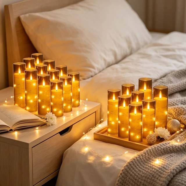 Alt view image 3 of 7 - 12 Pack Gray Acrylic Flameless Taper Candles, Flickering Black Wick LED Candles with Surrounding Fairy String Lights, Heat Resistant ABS Candles, 2 Remotes, Assorted 5-8 Inch for Indoor Outdoor Decor
