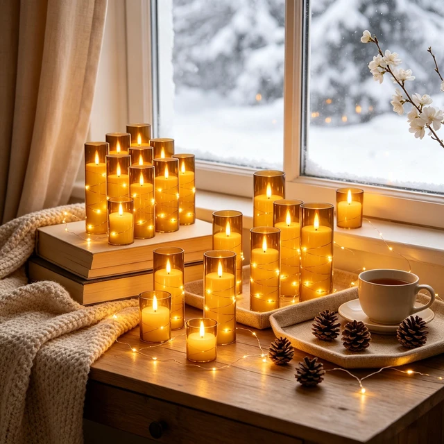 Alt view image 6 of 7 - 12 Pack Gray Acrylic Flameless Taper Candles, Flickering Black Wick LED Candles with Surrounding Fairy String Lights, Heat Resistant ABS Candles, 2 Remotes, Assorted 5-8 Inch for Indoor Outdoor Decor