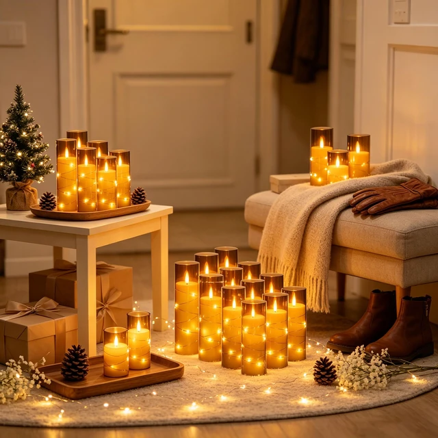 Alt view image 7 of 7 - 12 Pack Gray Acrylic Flameless Taper Candles, Flickering Black Wick LED Candles with Surrounding Fairy String Lights, Heat Resistant ABS Candles, 2 Remotes, Assorted 5-8 Inch for Indoor Outdoor Decor