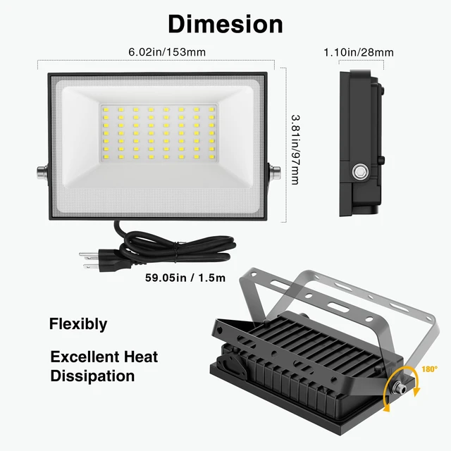 Alt view image 7 of 7 - 40W Flood Lights Outdoor,4000lm Bright LED Work Light with Plug,Daylight White LED Flood Lighting, IP66 Waterproof Security Yard Lights for Garage Stadium 2 Pack