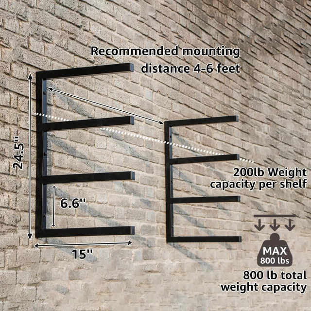 Alt view image 2 of 6 - Wood Organizer and Lumber Storage Rack Wall Mount, Heavy Duty Metal Shelf with 4-Level Holds Up 800 LBS, Indoor & Outdoor Use - Black