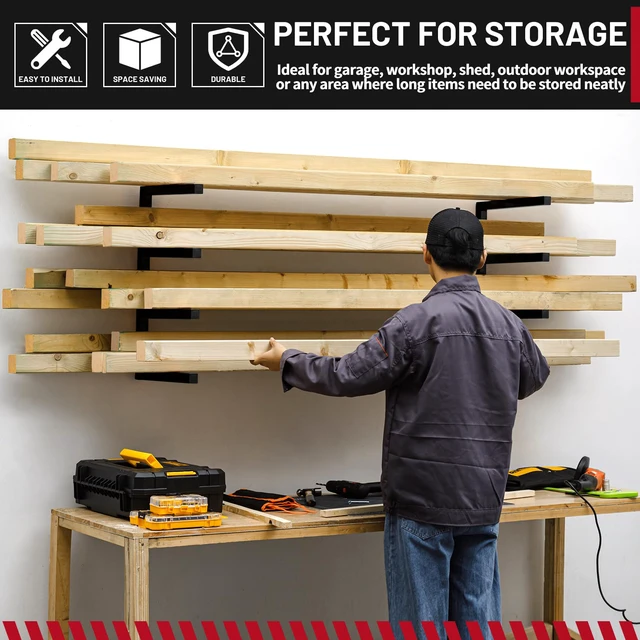 Alt view image 6 of 6 - Wood Organizer and Lumber Storage Rack Wall Mount, Heavy Duty Metal Shelf with 4-Level Holds Up 800 LBS, Indoor & Outdoor Use - Black