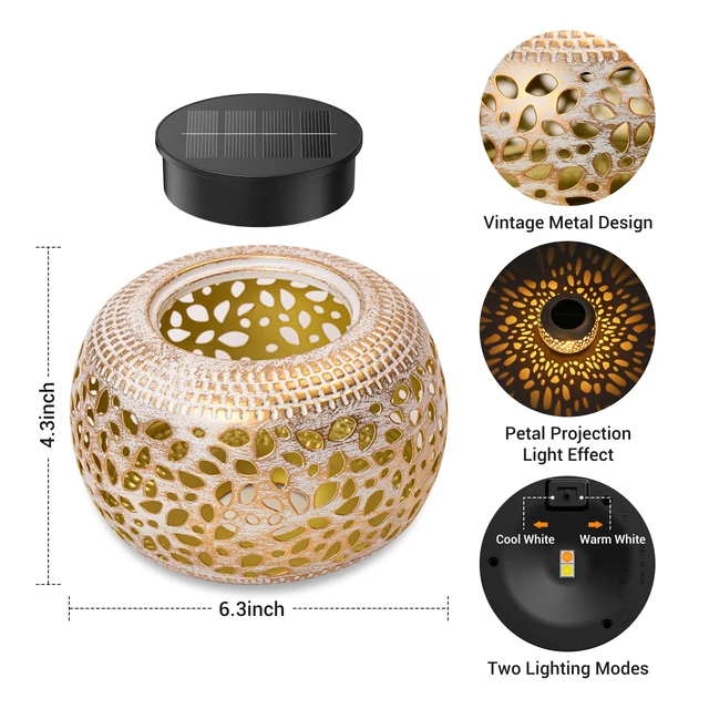 Alt view image 4 of 7 - Solar Lanterns Outdoor Waterproof, Hollow Out Solar Table Lamp Patio Decor 2 Lighting Modes Retro Metal Solar Lights for Outside Garden Yard Porch Deck Floor Indoor Tabletop Desk Decoration Gifts