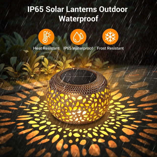 Alt view image 5 of 7 - Solar Lanterns Outdoor Waterproof, Hollow Out Solar Table Lamp Patio Decor 2 Lighting Modes Retro Metal Solar Lights for Outside Garden Yard Porch Deck Floor Indoor Tabletop Desk Decoration Gifts